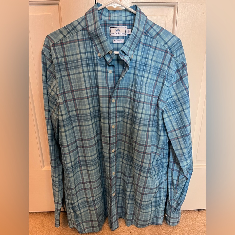 Southern Tide Intercoastal Blue and Red Plaid Shirt